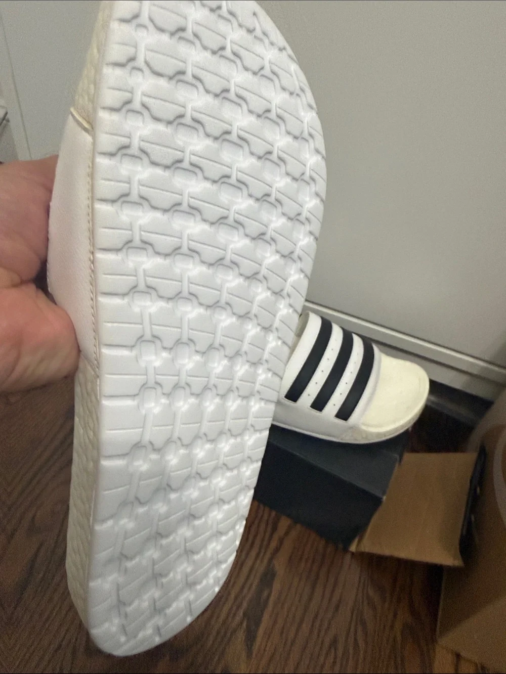 adidas White Slide Sandals with Black Stripes